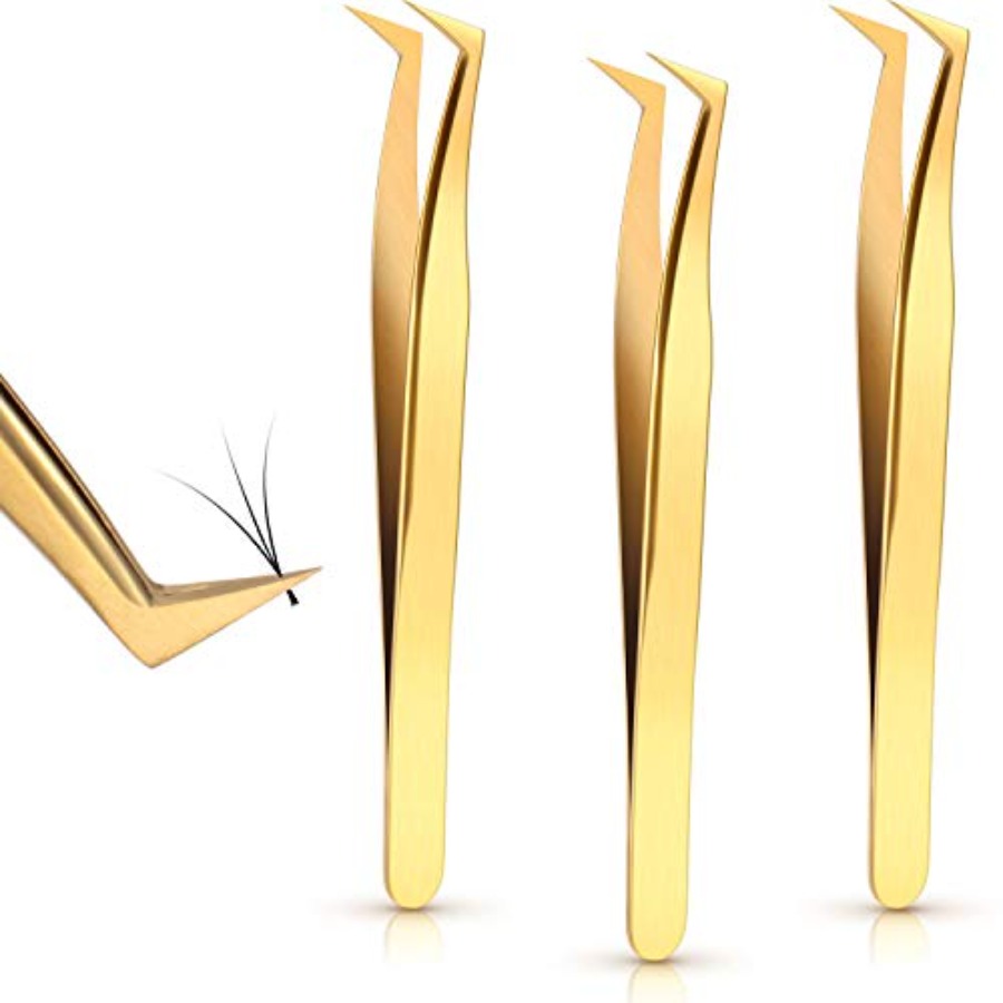 Lash Extension Tweezers - 3-teiliges Set Volumen-Pinzetten für Wimpernverlängerung, Gebogene